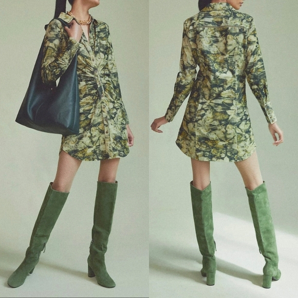 Pilcro Dresses & Skirts - $148 Anthropologie Pilcro Corduroy Floral Camo Ruched Mini Shirt Dress 12 PETITE